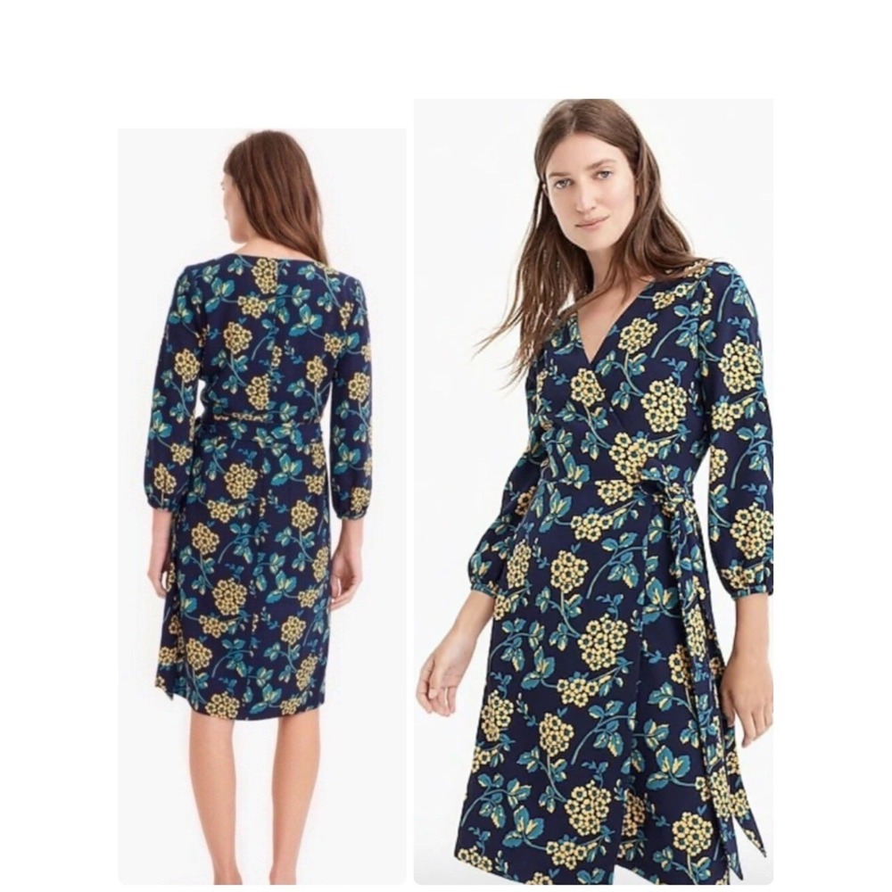 J.Crew Golden Floral Wrap Dress 365 Crepe Size 2 Blue Yellow Lined 3/4 Sleeve